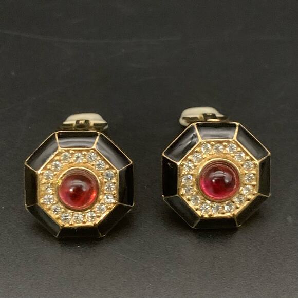 Vintage Ciner Gripoix Enamel Rhinestone Geometric Clip On Earrings Signed - Picture 2 of 6